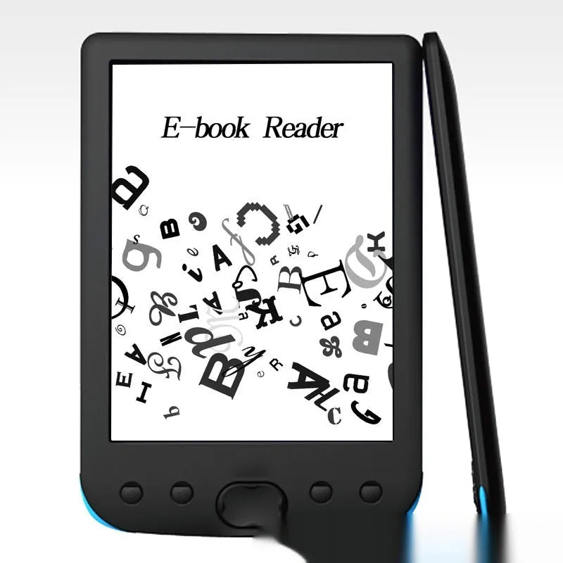 Black 6-inch E-ink screen e-book reader showing book page display
