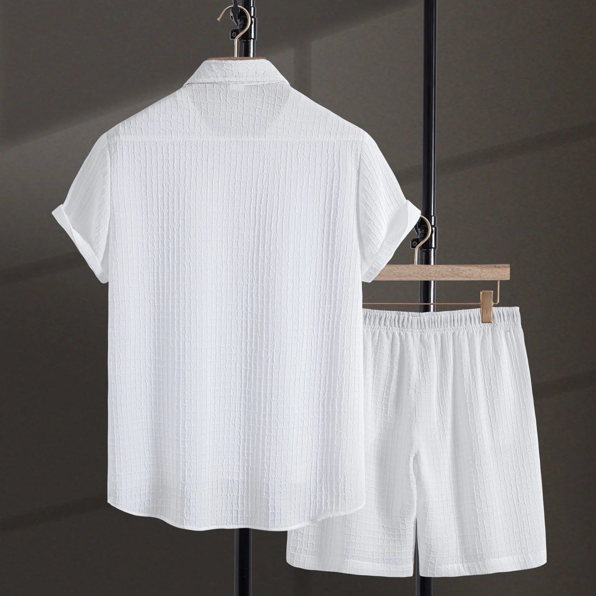 Men's black jacquard pattern short sleeve shirt and matching shorts casual suit