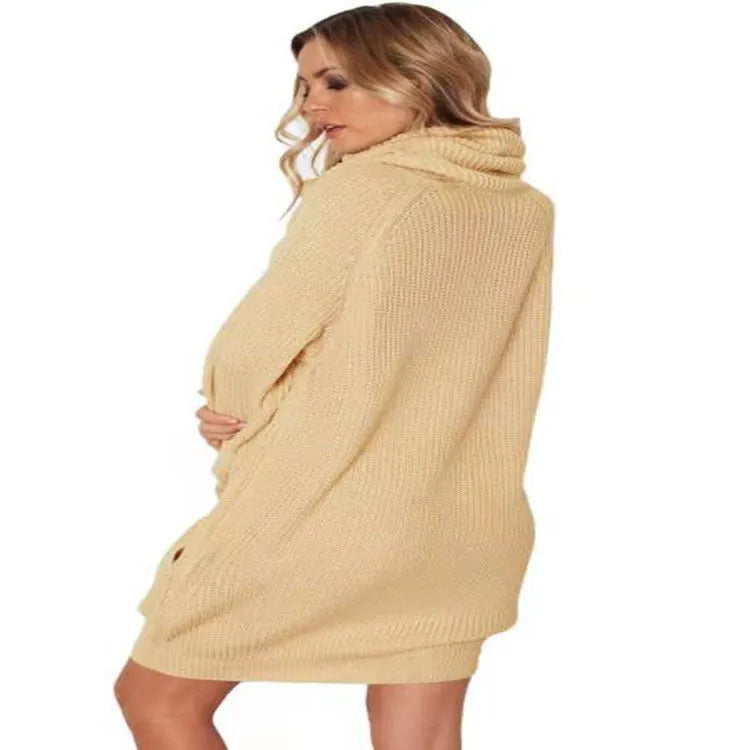 A woman's apricot-coloured pullover sweater with a V-neck lapel collar and side pockets on a hanger.