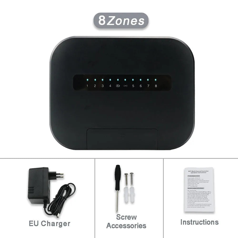 8-way smart water valve irrigation controller with wireless bridge and scheduled watering, available in black, gray, green, white