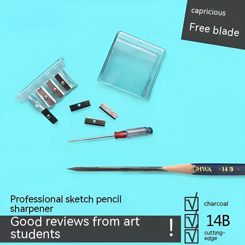 Geometric plastic pencil sharpener with four holes and included screwdriver tool on white background.