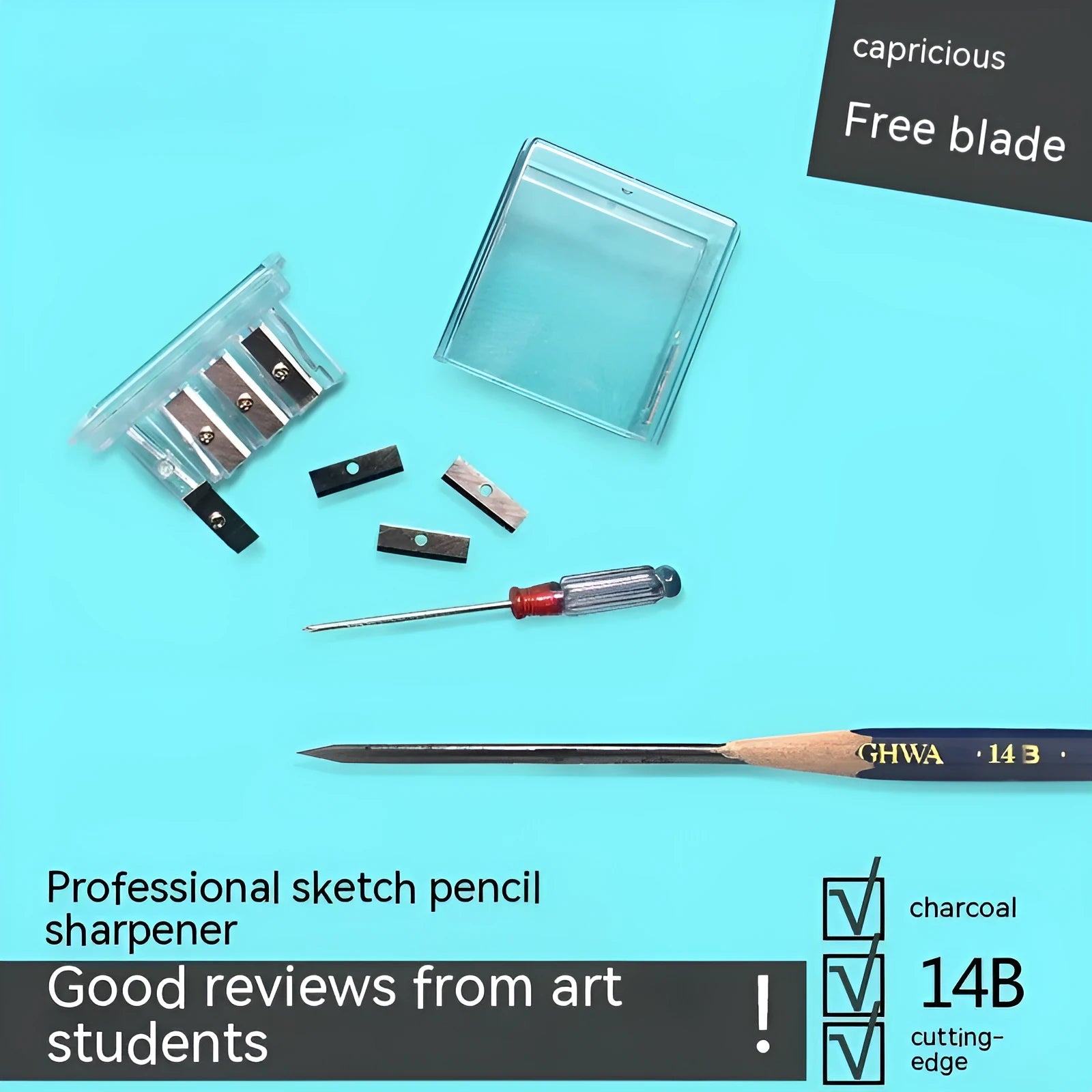 Geometric plastic pencil sharpener with four holes and included screwdriver tool on white background.