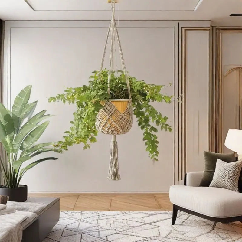 Hand-woven minimalist flower pot in a neutral colour with a woven net pocket extension cord.