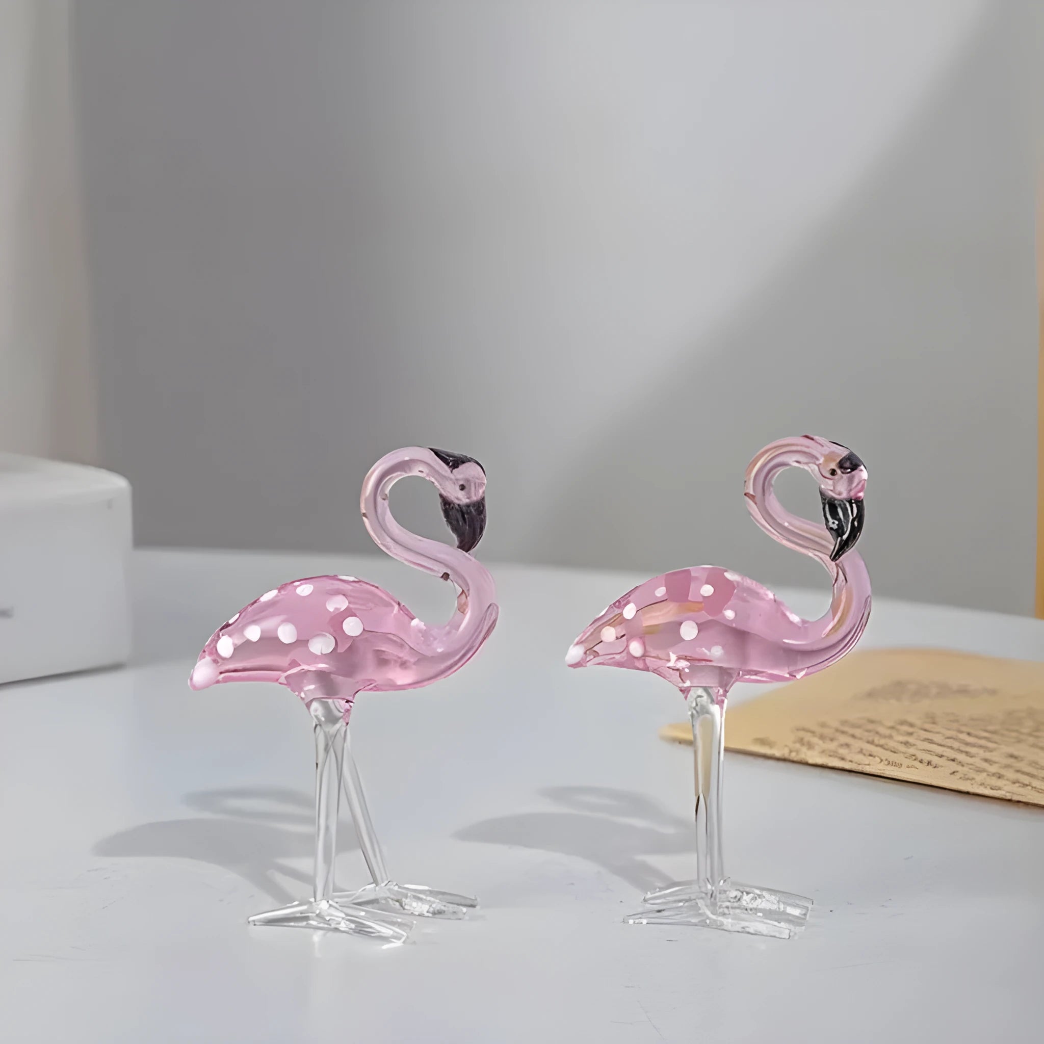 Pink crystal flamingo decorative craft with white crystal material on table display