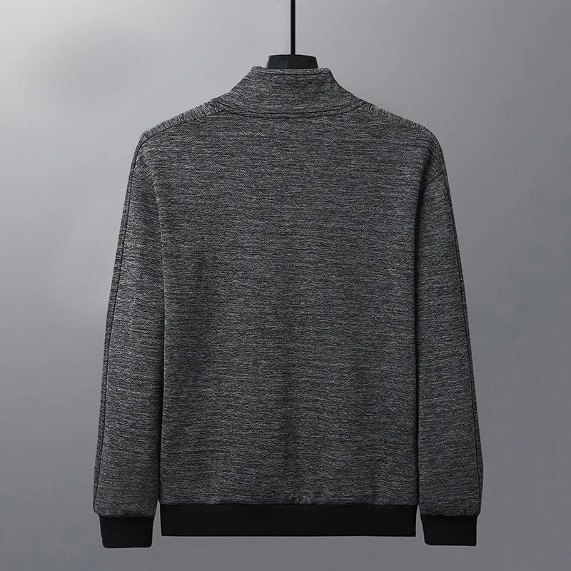 Men's black athletic fit zip-up jacket with a stand-up collar on a hanger