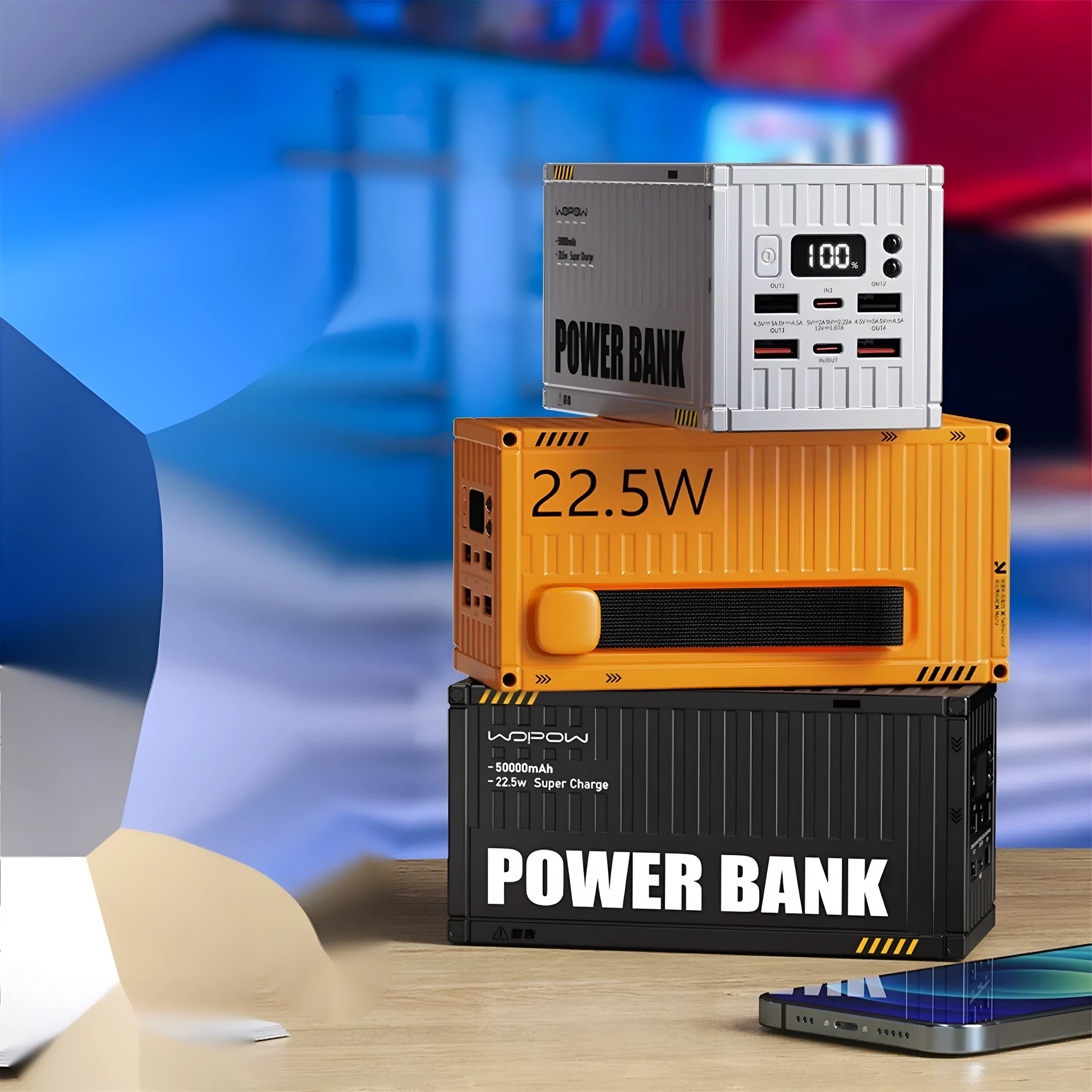 Large capacity 50000mAh outdoor digital display mobile power supply in black with five output ports