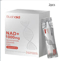 Bottle or sachet of liquid anti-aging supplement drink with listed ingredients: nicotinamide ribose, resveratrol, PQQ.
