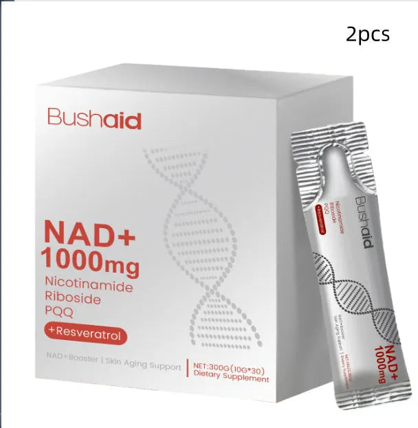Bottle or sachet of liquid anti-aging supplement drink with listed ingredients: nicotinamide ribose, resveratrol, PQQ.