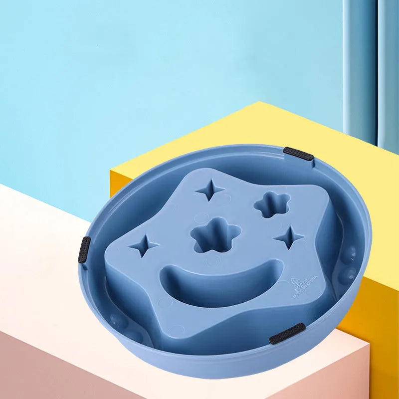 Moon Star Wings slow feeder dog bowl in blue colour with raised centre and non-slip base.