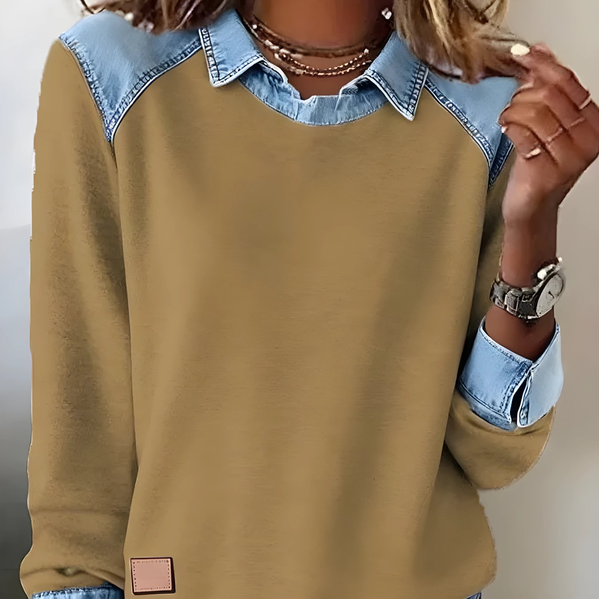 Denim collar long sleeve pullover patchwork knitwear top in street fashion style, available in multiple colours