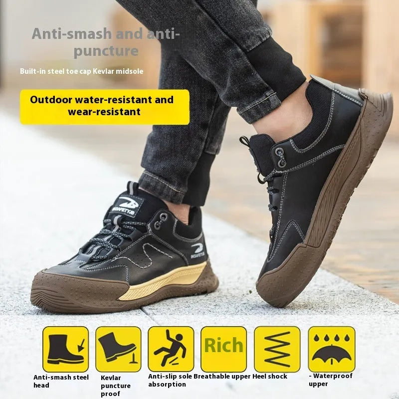 Leather safety work shoes with rubber sole in black colour showing workplace footwear design