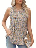 Black plus size floral print sleeveless vest with round neck on a hanger.