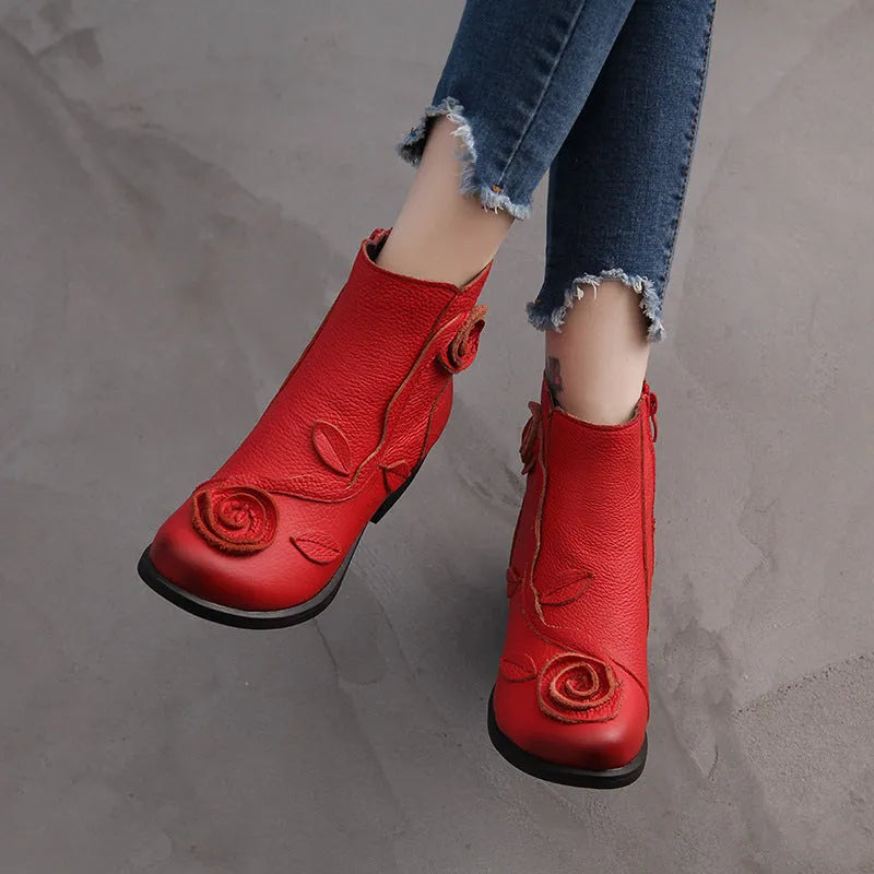 Handmade genuine leather ethnic Martin boots with chunky heel, waterproof platform, and flower embossing in red colour