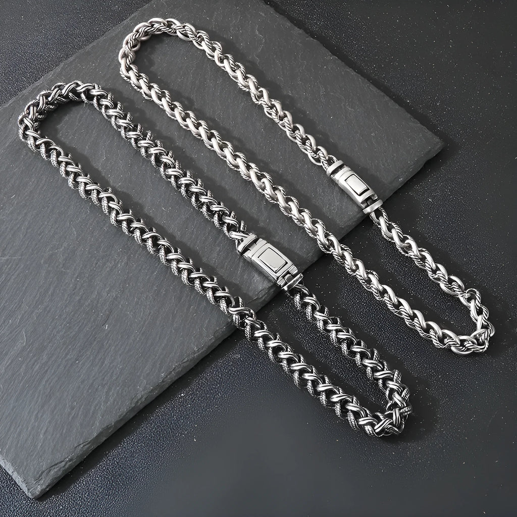 Men's antique silver keel chain necklace with geometric shape and large chain links