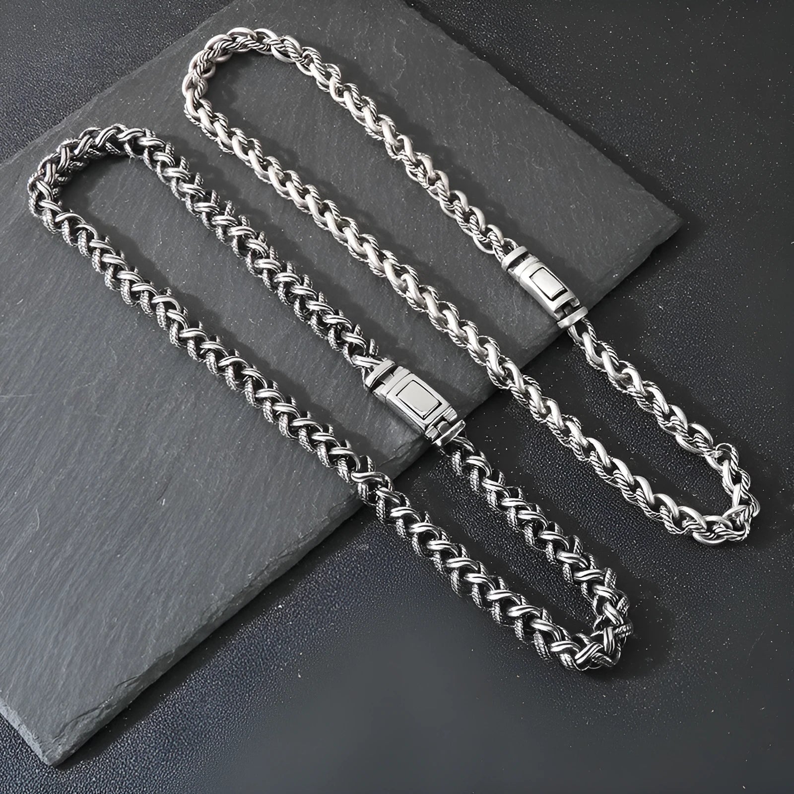 Men's antique silver keel chain necklace with geometric shape and large chain links