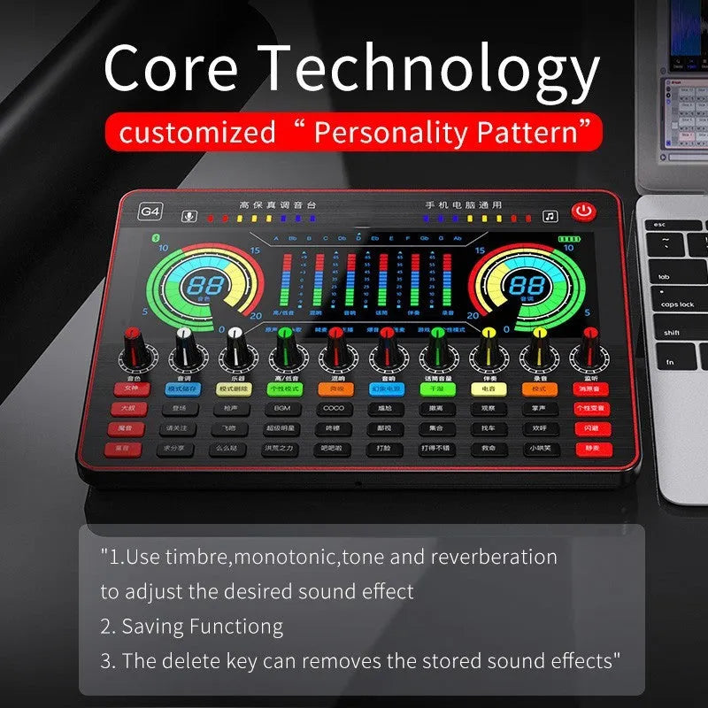 G4 professional live broadcast sound card set with LCD screen, microphone, audio cables, and remote control.