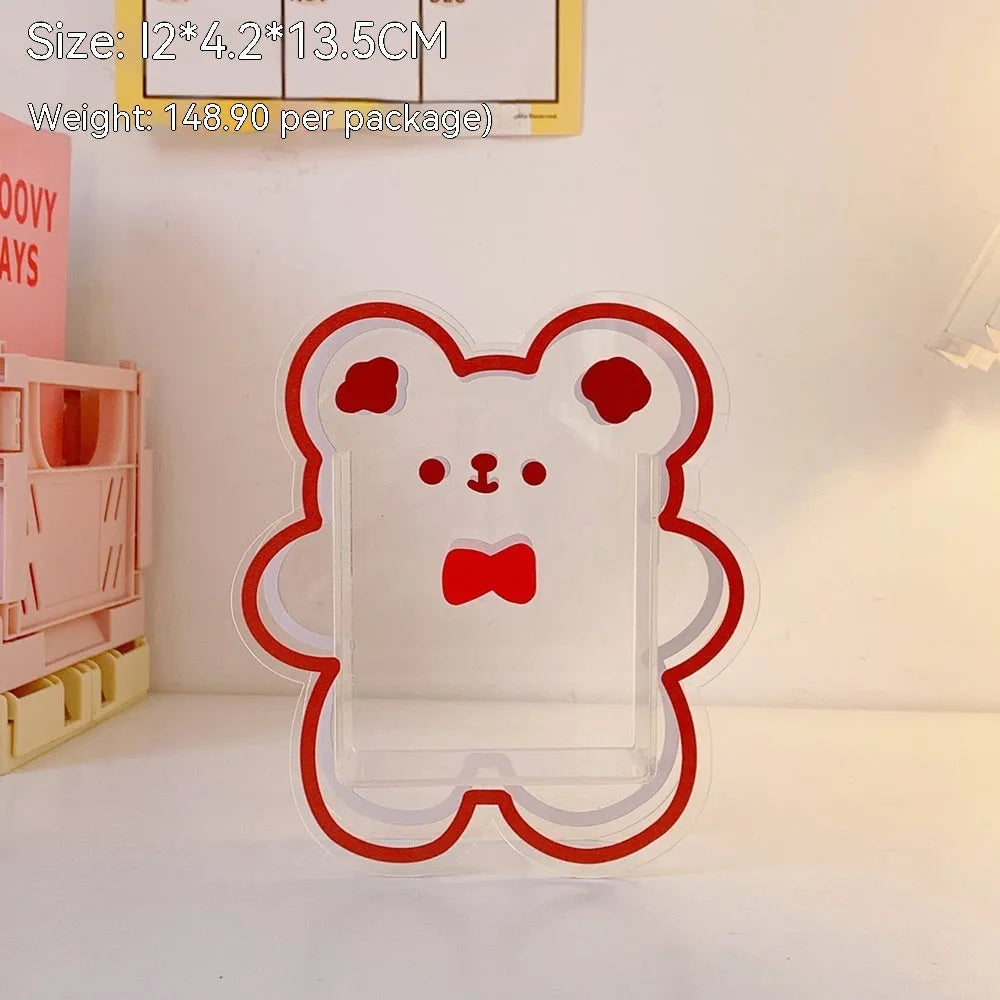 Square clear acrylic storage box with cute character print, showing six design options for desk organisation
