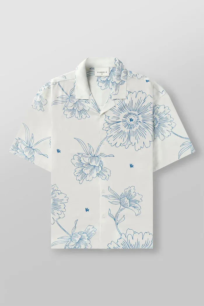 Men's floral printed loose short sleeve top in light colours with cardigan style