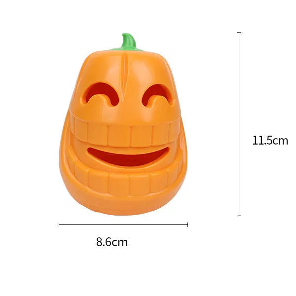 Orange Halloween pumpkin shaped dog chew toy with a funnel opening for treats.
