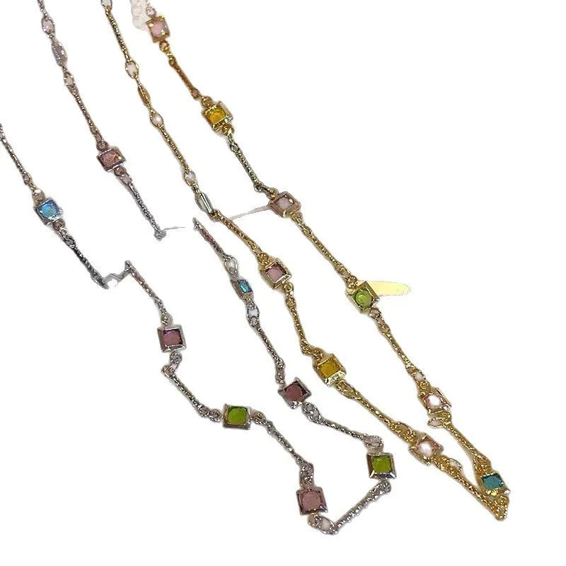 Square colour geometric clavicle chain necklace with artificial crystal details on alloy chain