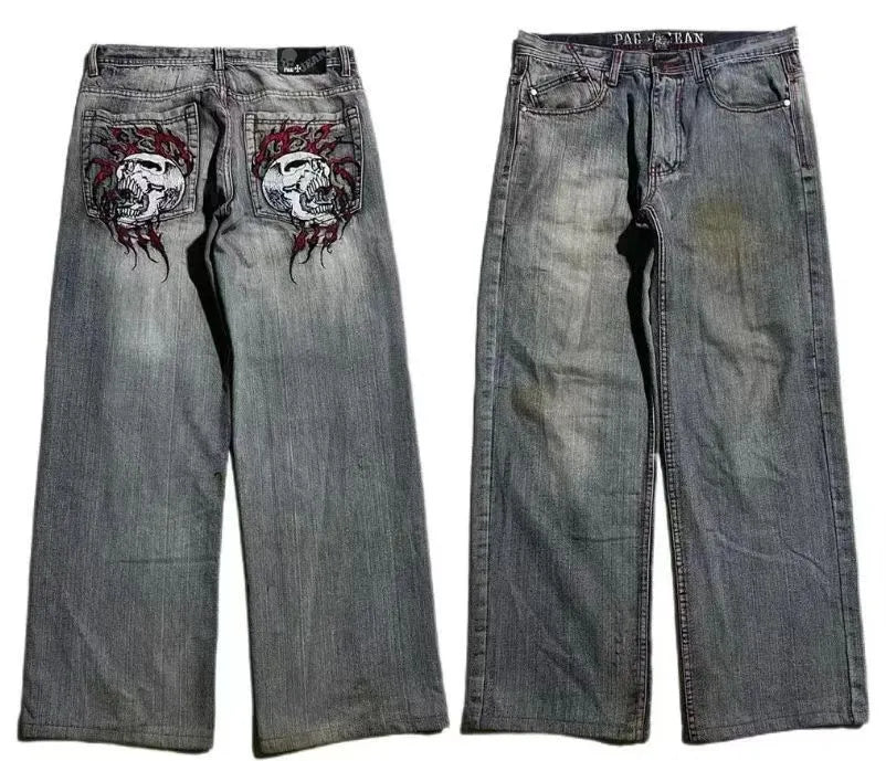 Men's grey washed-out wide-leg jeans with straight cut and American retro styling