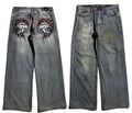 Men's grey washed-out wide-leg jeans with straight cut and American retro styling