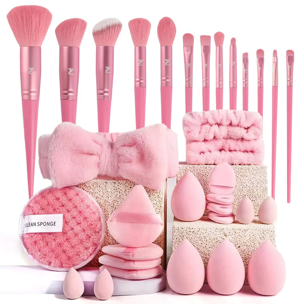 40-piece beauty tools major combination suit with hydrophilic non-latex face wash and makeup tools in Brown, Pink, Purple