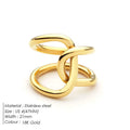 Women's stainless steel adjustable ring with knotted geometric U-shape design in gold or steel colour.