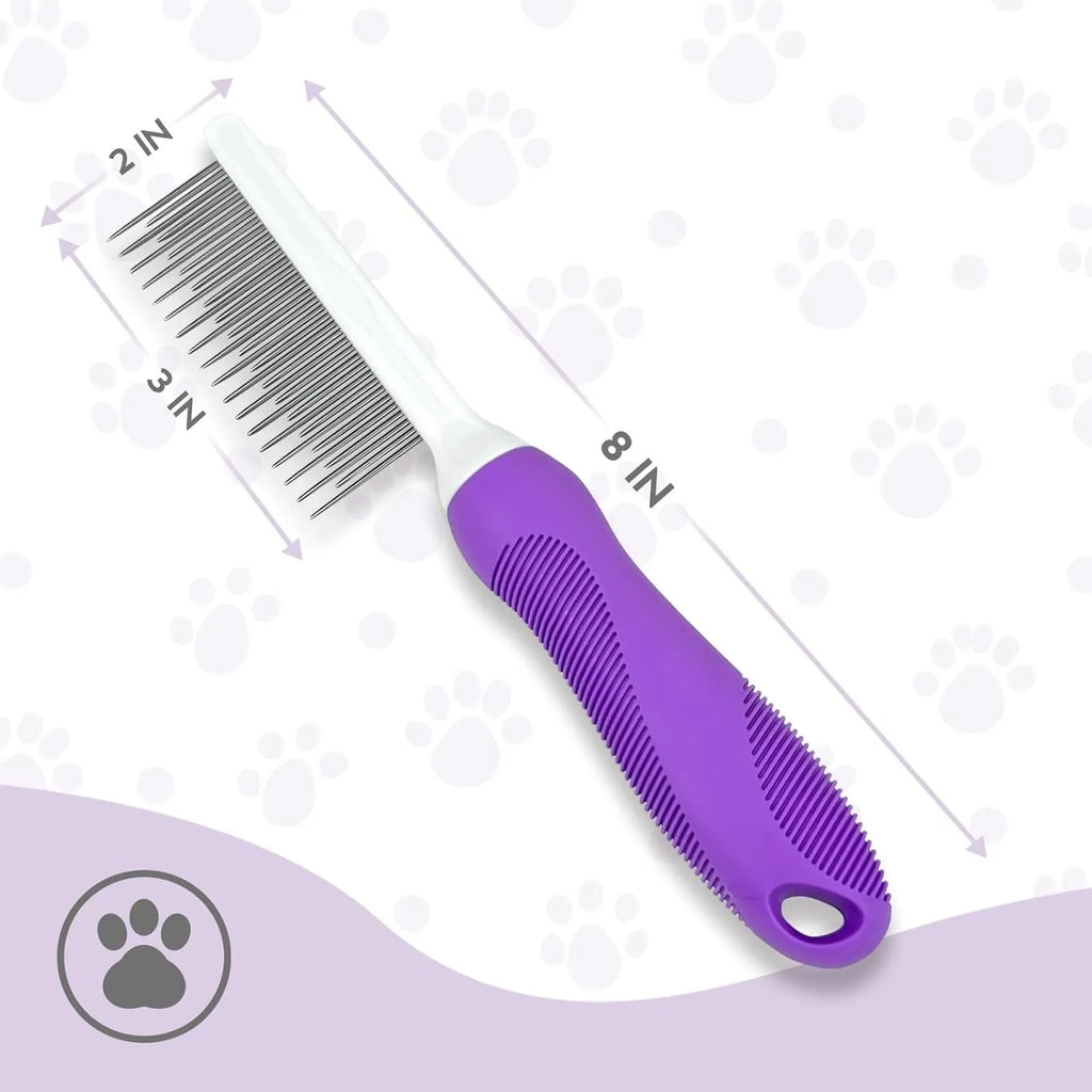 Purple pet grooming comb with stainless steel teeth and ergonomic handle for detangling dog and cat fur