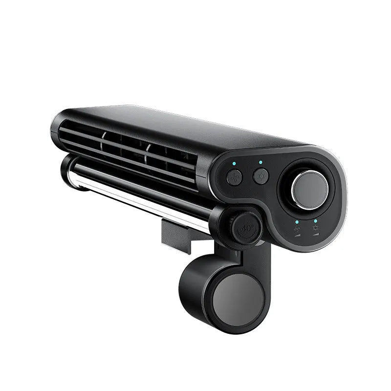 Black USB-powered bladeless clip-on laptop fan with integrated lighting lamp