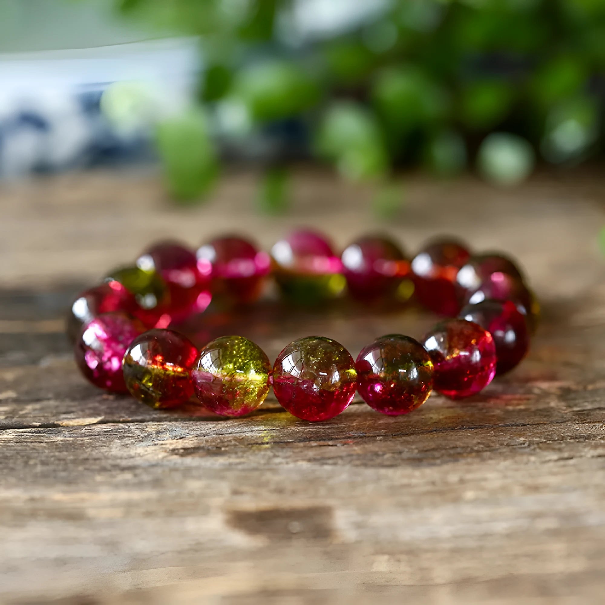 Women's watermelon crystal bracelet showing pastoral design elements on wrist, available in 6mm, 8mm, 10mm, and 12mm sizes.
