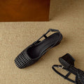 Women's beige woven sandals with square toe, chunky block heel, and adjustable ankle buckle strap.