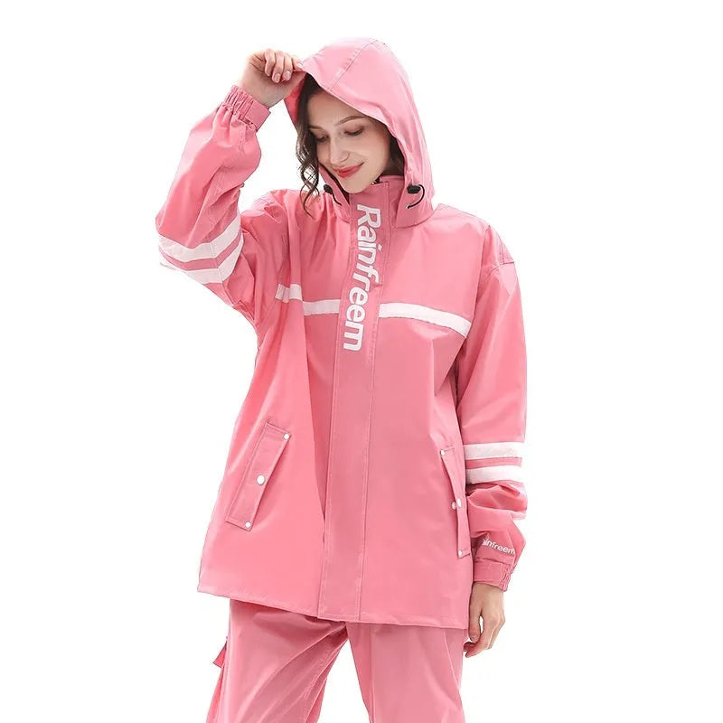 Double-layer riding raincoat and pants set in cherry blossom pink for adults