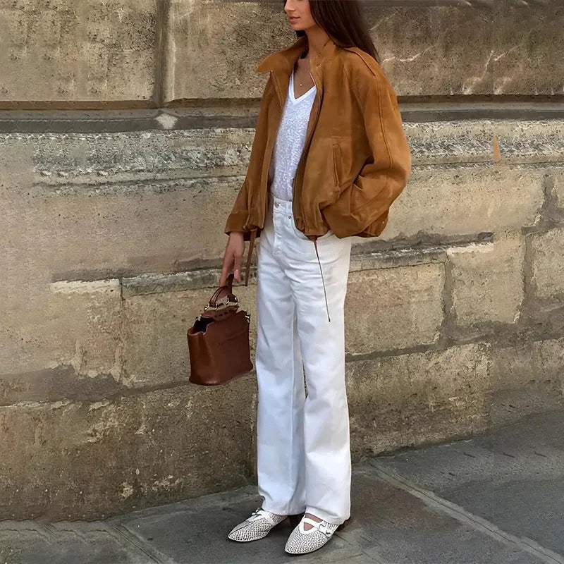 Retro solid colour loose fit polyester jacket in European and American style