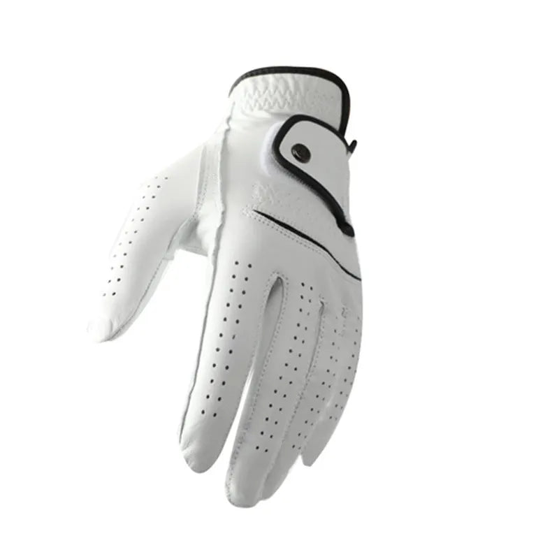 Men's white half sheepskin golf glove showing leather texture and non-slip palm