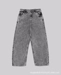 Grey loose fit straight-leg denim trousers for men and women on a neutral background