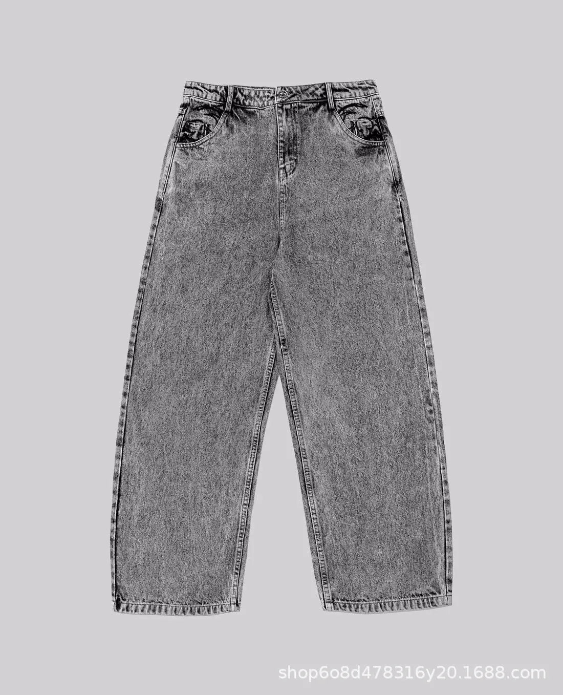 Grey loose fit straight-leg denim trousers for men and women on a neutral background