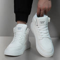 Men's solid white round toe casual shoes with a microfiber leather upper on a neutral background.