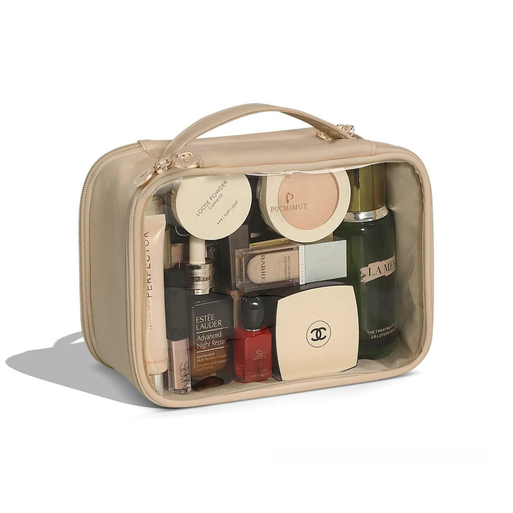 Transparent PVC cosmetic bag in pink portable style with waterproof and expandable storage features