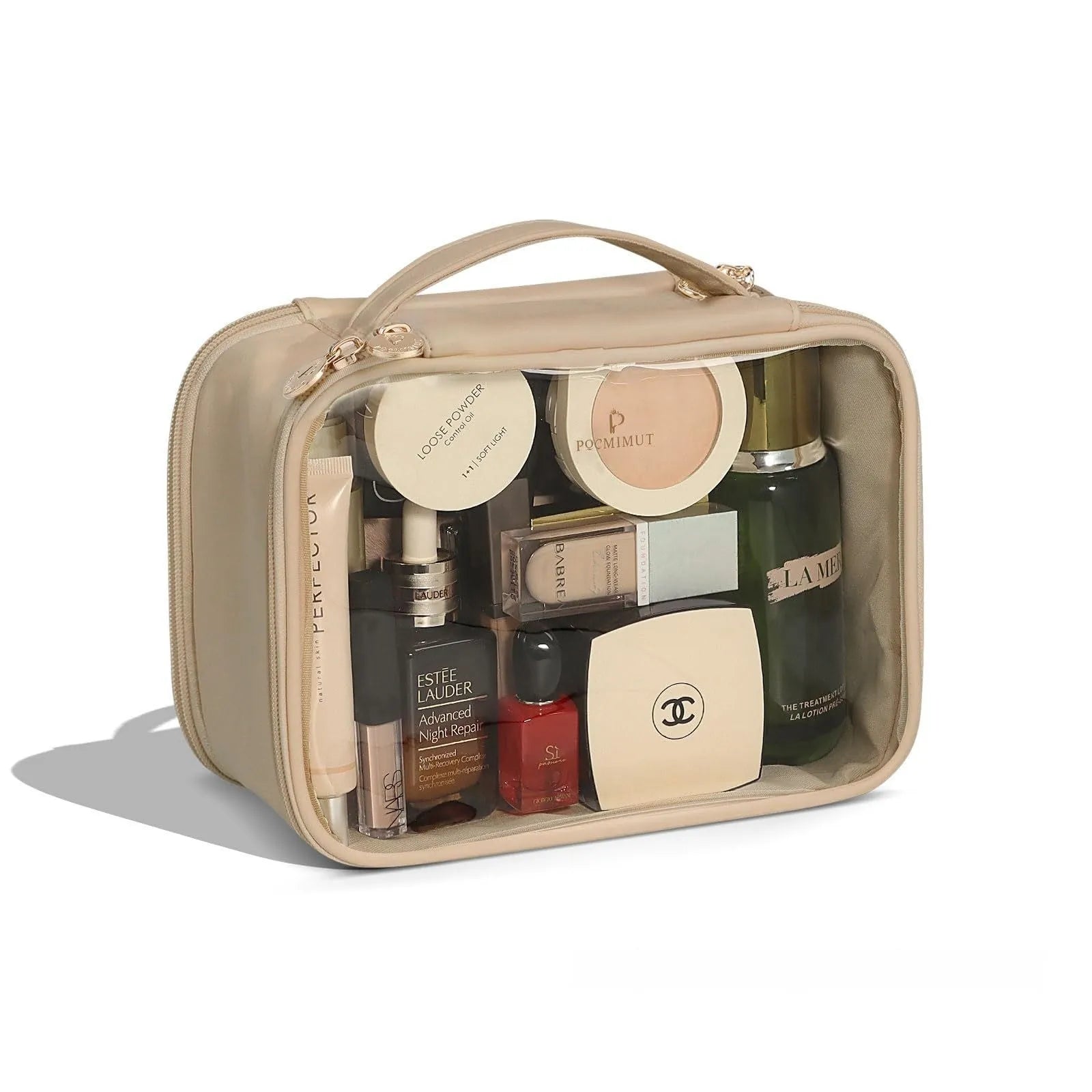 Transparent PVC cosmetic bag in pink portable style with waterproof and expandable storage features