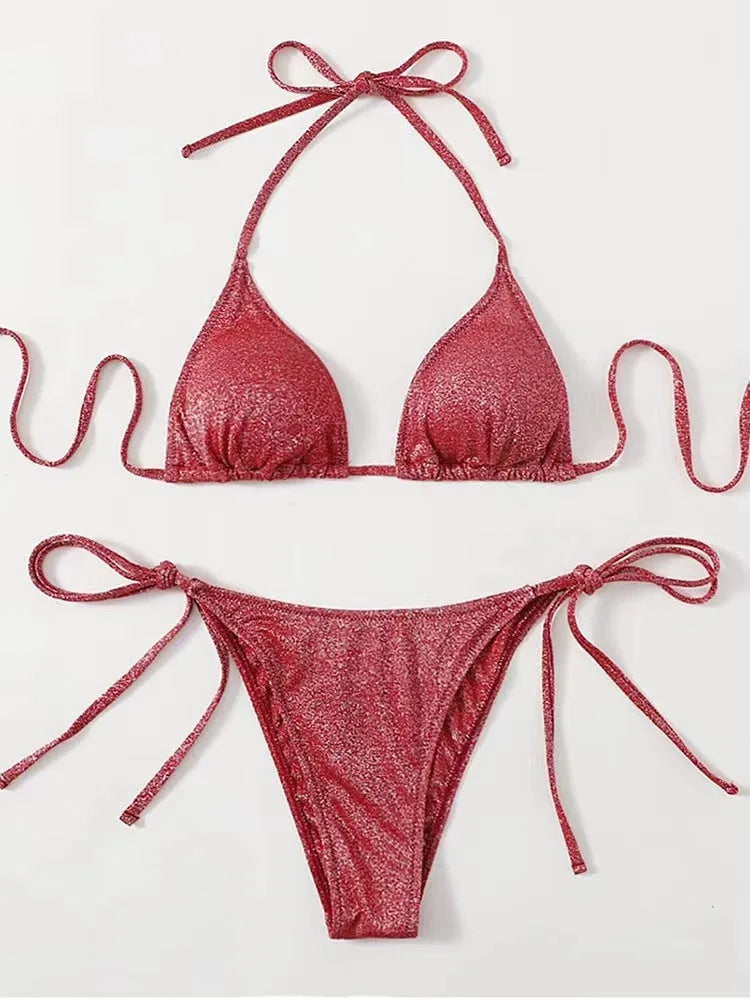 Women's split bandage bikini swimsuit in polyester fabric showing colour options and size range