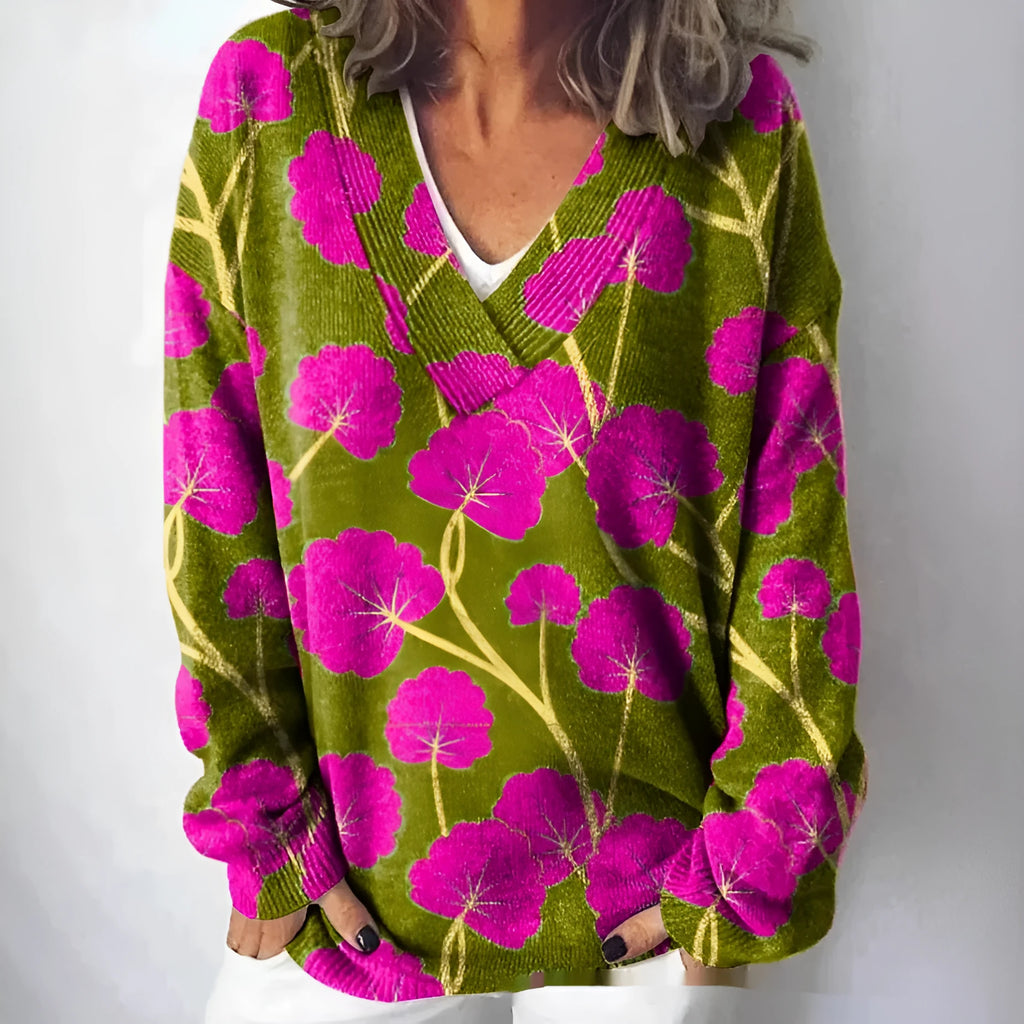 Women's floral print V-neck long sleeve sweatshirt with 3D pattern effect