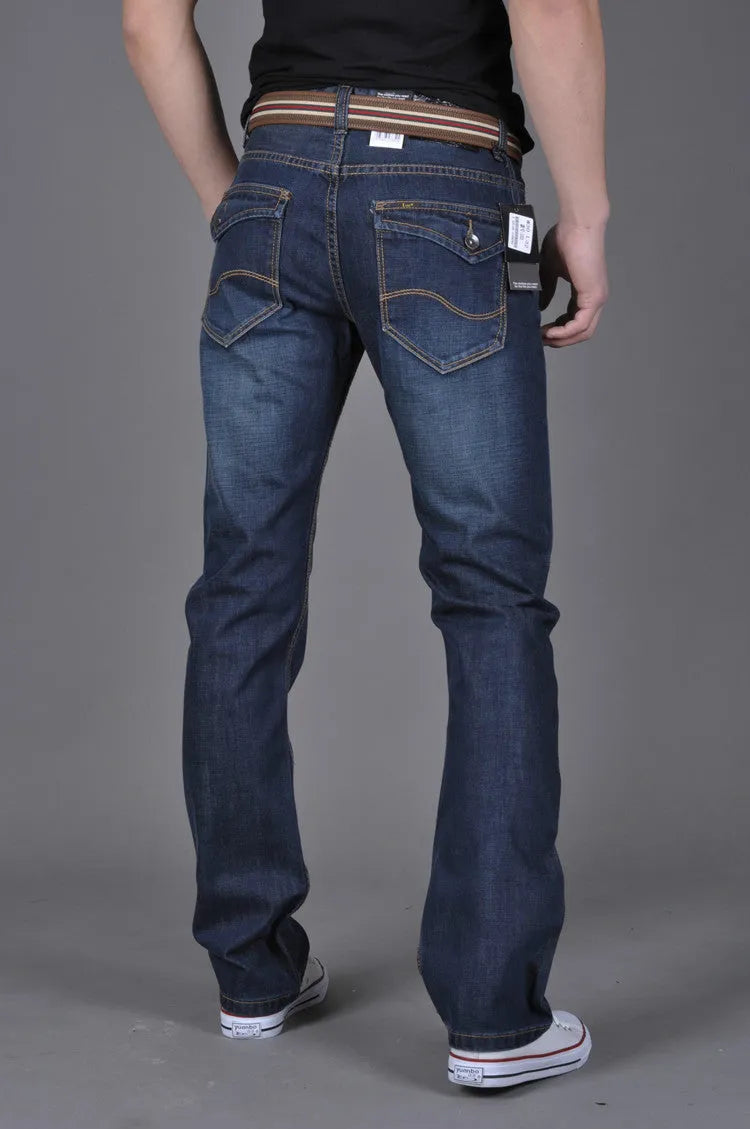 Men's straight slim jeans in dark blue with stackable leg, 35% cotton, water-washed finish, sizes 28-38