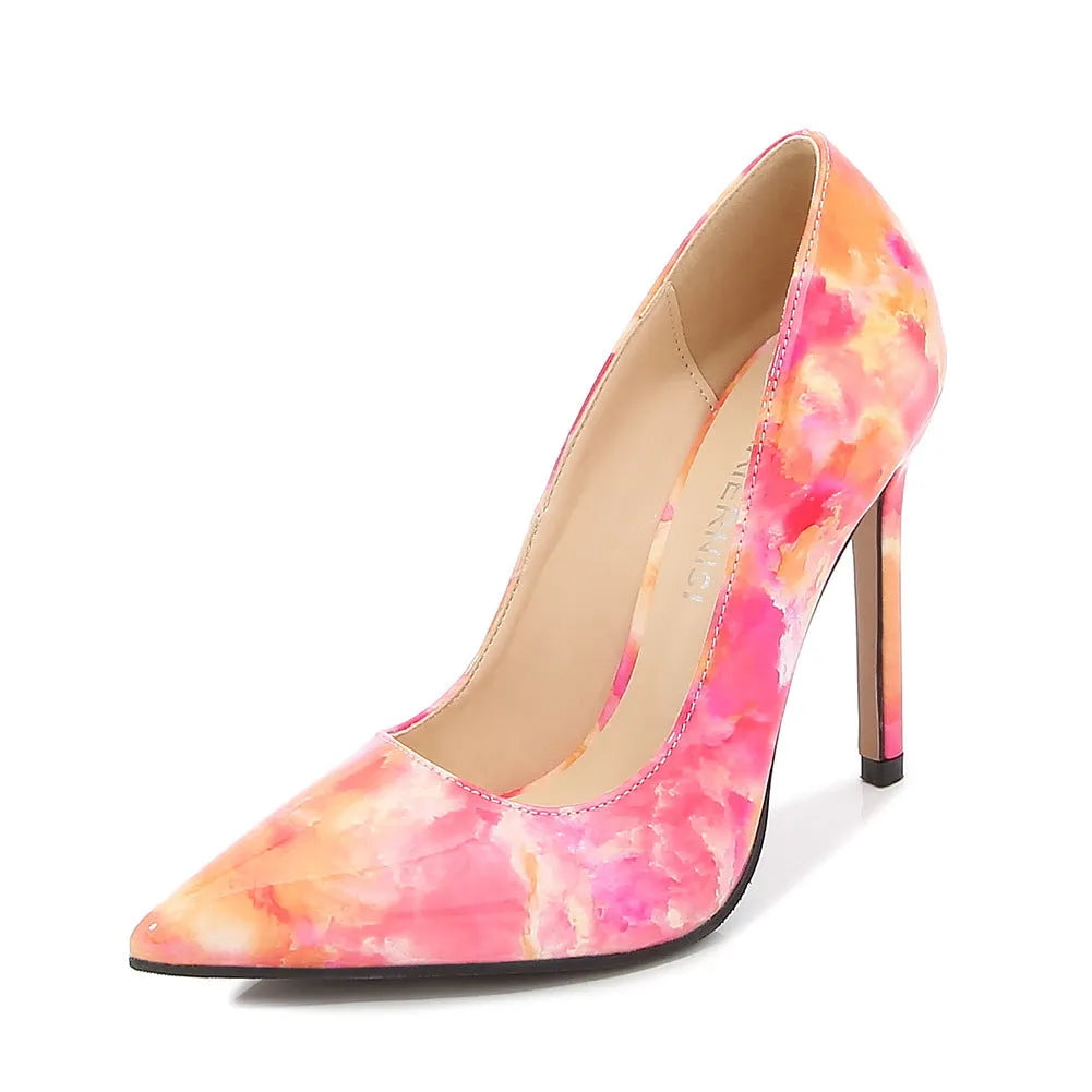 Green pointed high heels with floral cloth detail and super high heel above 8cm