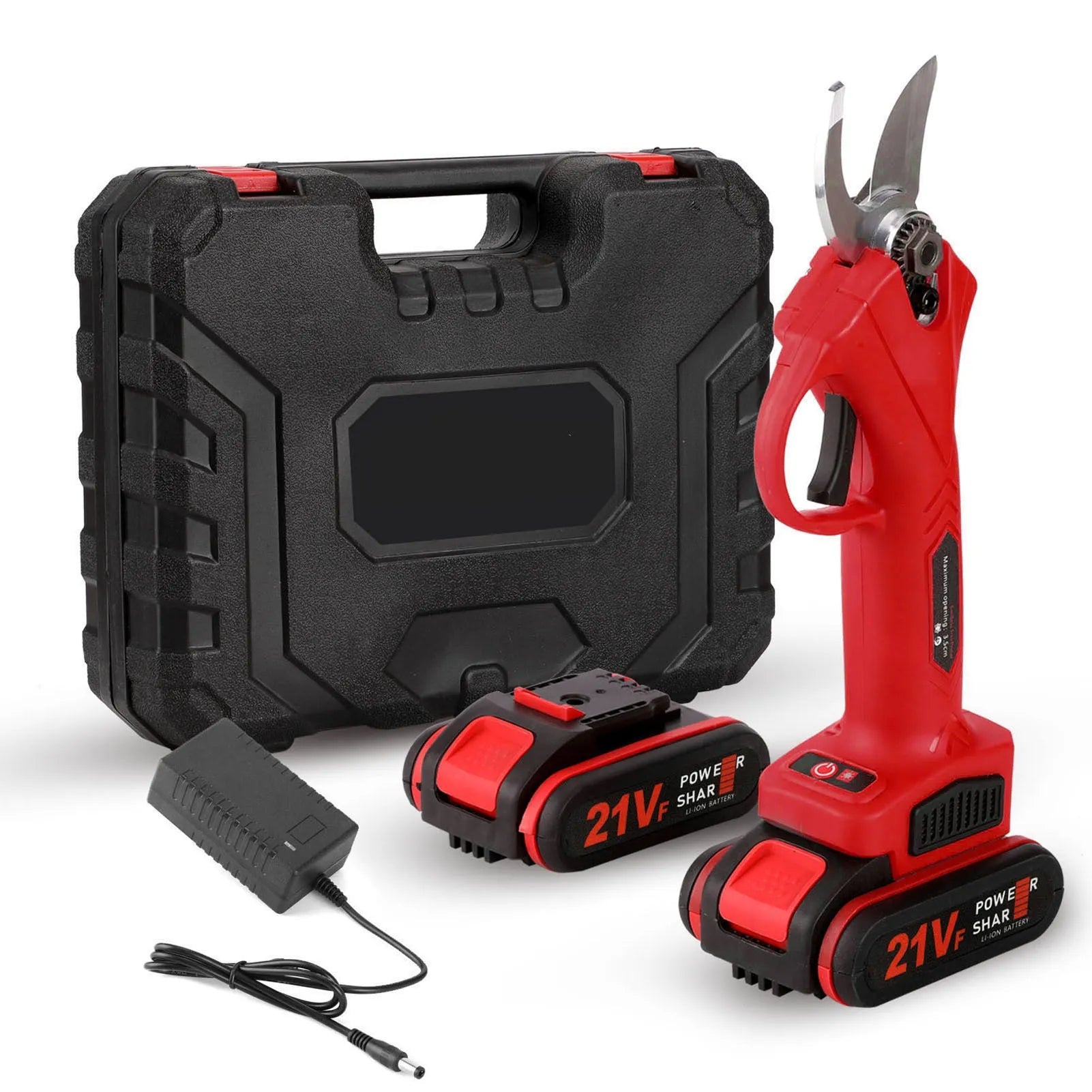 21V rechargeable garden pruning shear with black plastic body, steel blade, and two batteries in plastic box