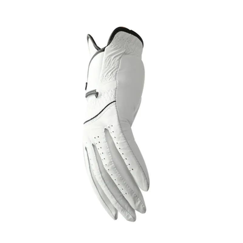 Men's white half sheepskin golf glove showing leather texture and non-slip palm