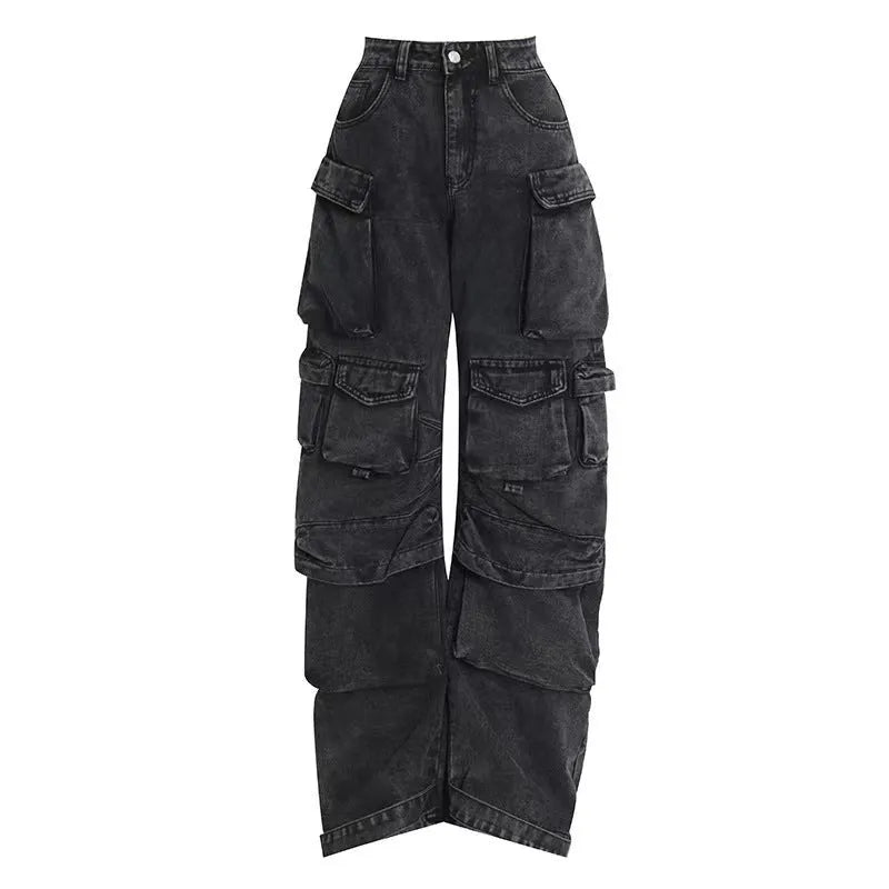 Blue tie-dye women's high waist wide leg denim trousers with multiple pockets on a mannequin.