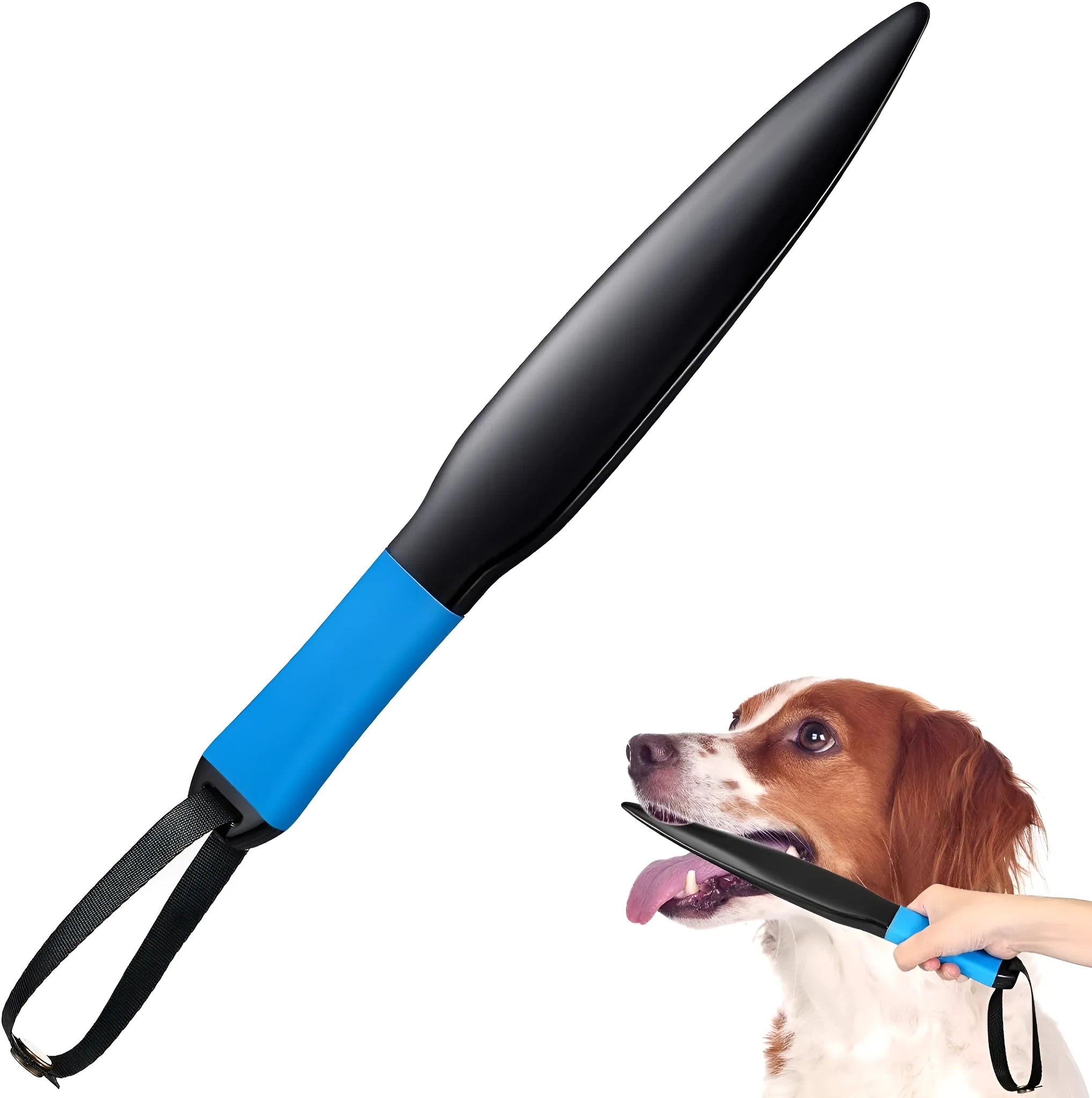 Blue-handled dog break stick measuring 35cm in length, made from nylon for training and chew toy use.