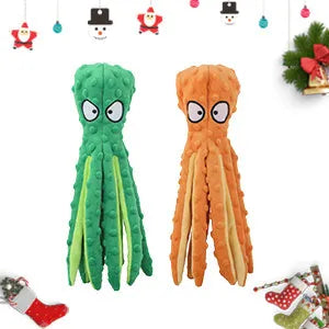 Blue no stuffing octopus squeaky toy with crinkle paper and BB call for dogs, made from crystal soft mesh, 32cm long