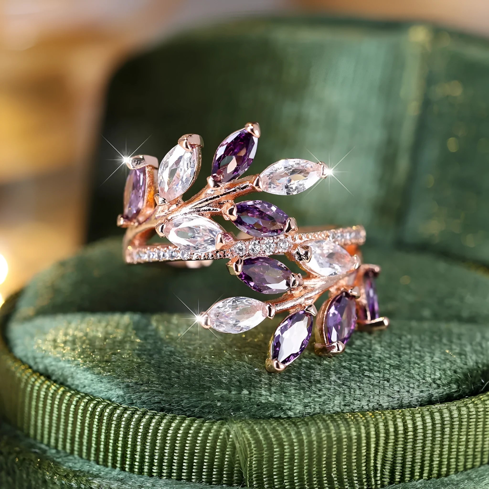 Adjustable horse eye zircon leaf fashion ring in copper with cubic zirconia stones